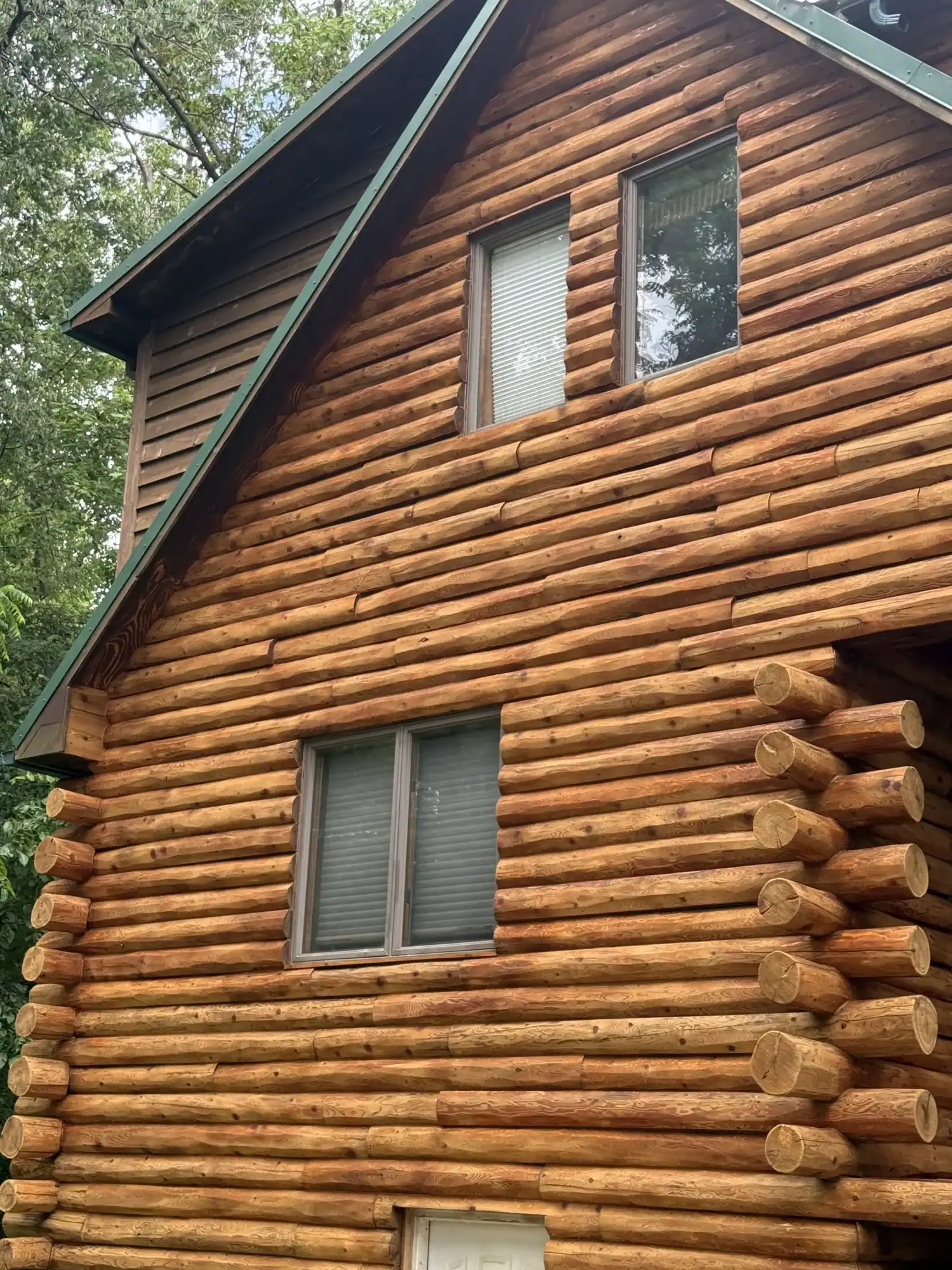 Detailed view of a log cabin wall showcasing the rich, protective finish of professional exterior wood staining.